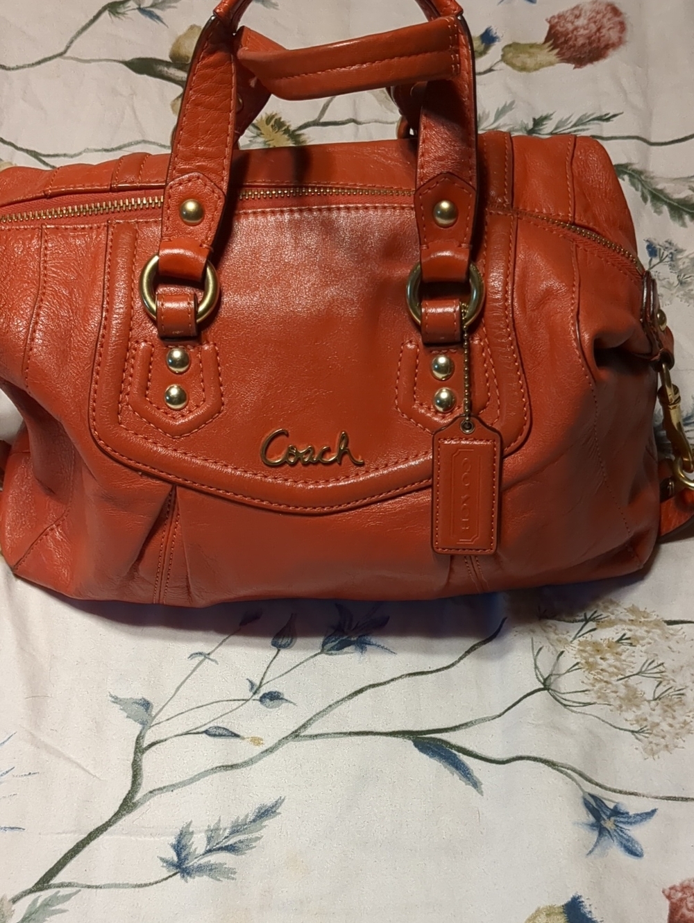 Coach Orange Leather Double-Handle Satchel with Gold Hardware